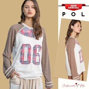 POL Vintage Round Neck Raglan Sleeves Plaid Print Number Patch T-Shirt | Mocha